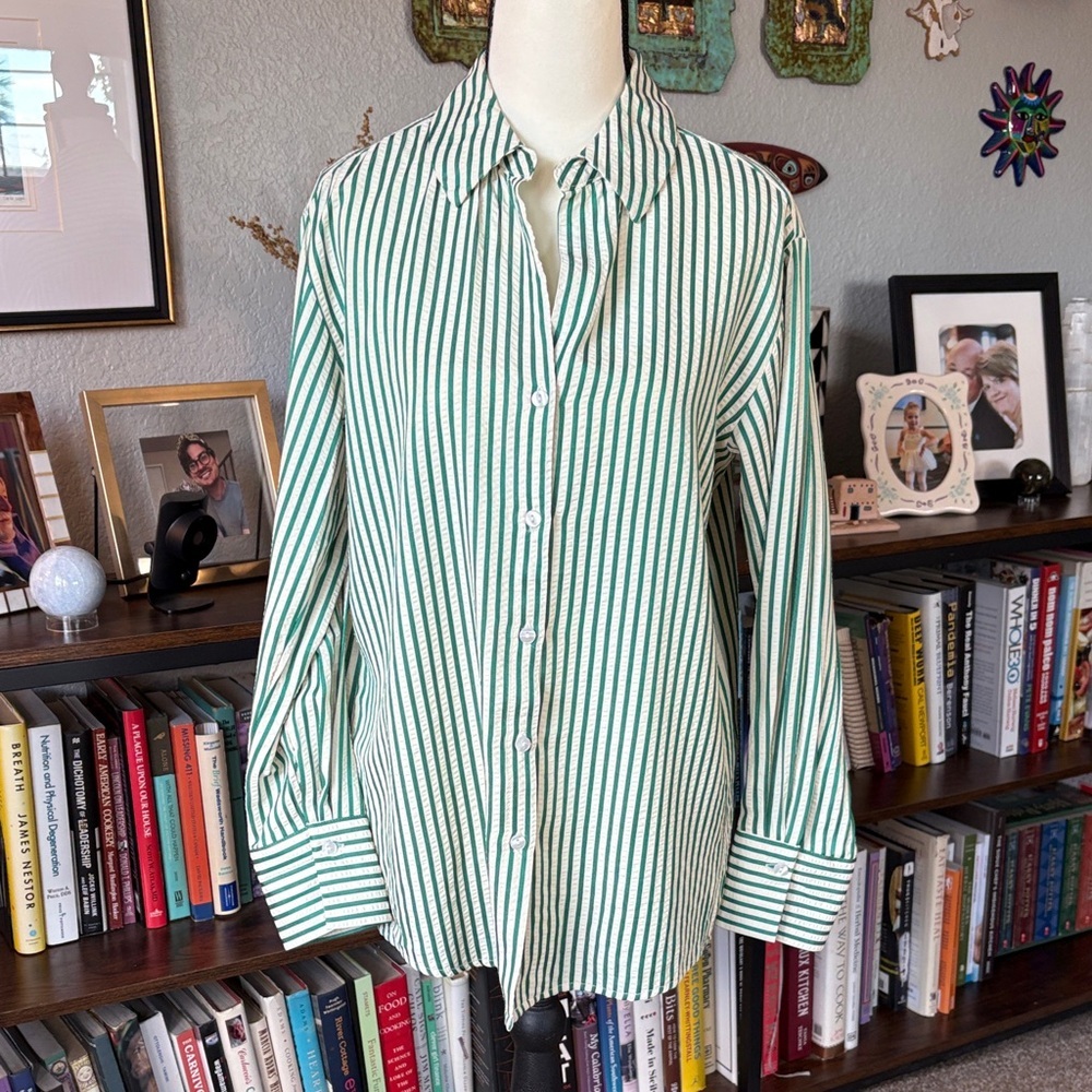 Blenca S Green and Cream Striped Women's‎ Button-Down Shirt